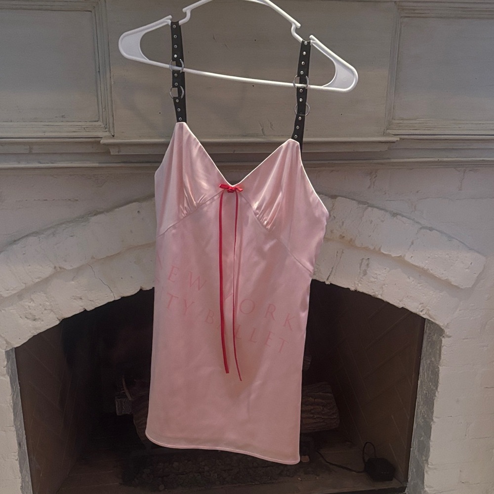 Sandy Liang Pink Satin Slip Dress with Red Ribbon